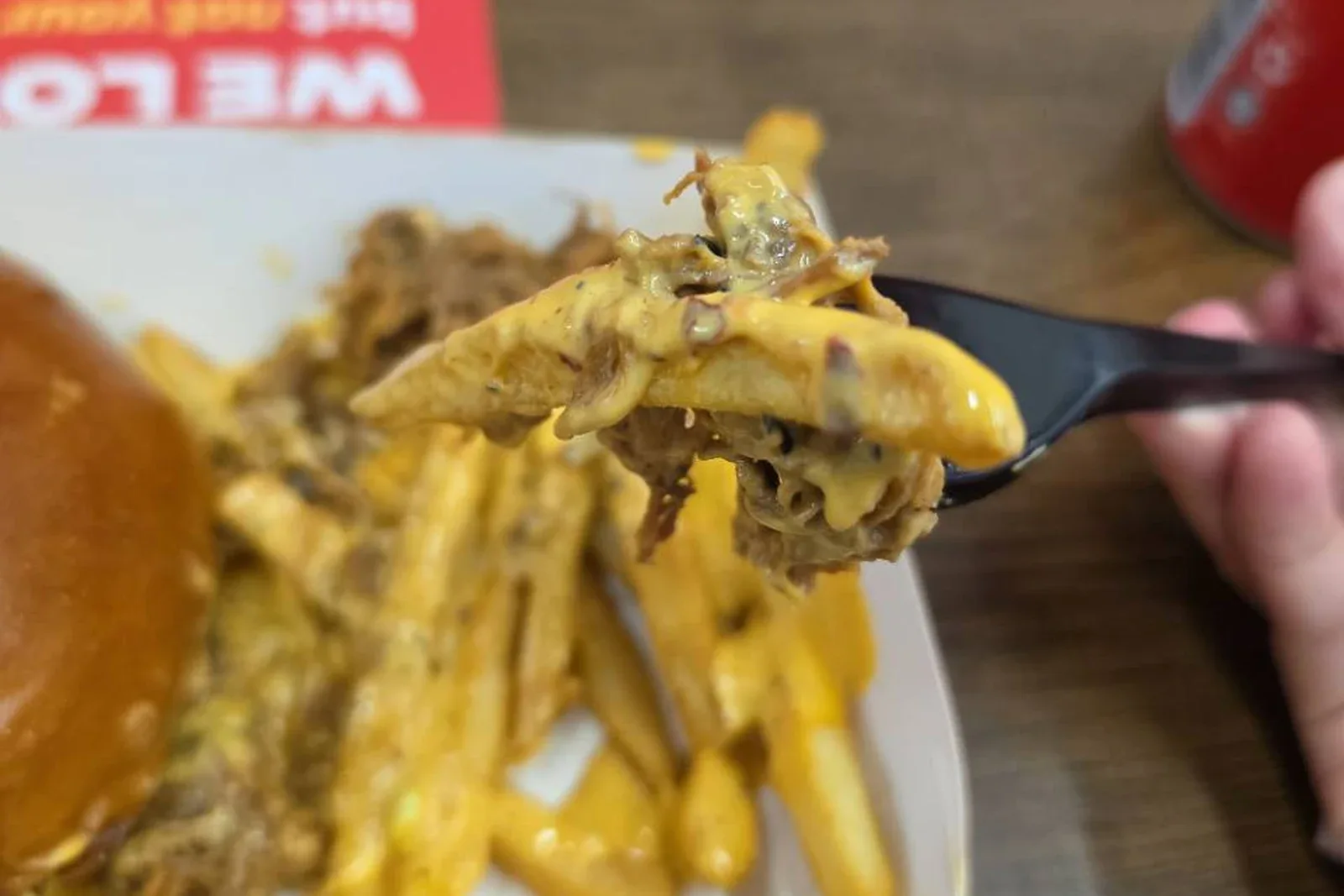 Smoked pulled brisket and cheese fries lifted on a fork